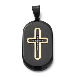 Черный 304 микро нержавеющей стали прокладывать Цирконом подвески, прямоугольник с поперечными прелести, чёрные, 38.5x20x3.5 мм, отверстие : 7x4.5 мм