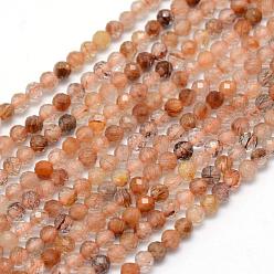Rutilated Quartz Natural Rutilated Quartz Beads Strands, Round, Faceted, 3mm, Hole: 0.5mm, about 113pcs/strand, 15.35 inch(39cm)