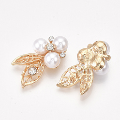 Light Gold Alloy Rhinestone Cabochons, with ABS Plastic Imitation Pearl, Leaf, Crystal, Light Gold, 31x17x9.5mm