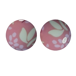 Pale Violet Red Round with Wave Point Print Pattern Food Grade Silicone Beads, Silicone Teething Beads, Pale Violet Red, 15mm