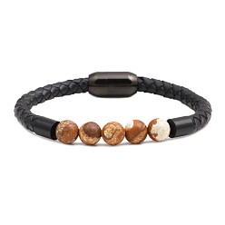 Picture Jasper Stainless Steel Magnetic Clasp Leather Bracelet - European and American Men's Emperor Stone Bead Bracelet