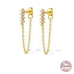 Real 18K Gold Plated Cubic Zirconia Bar with Chains Tassel Dangle Stud Earrings for Women, 925 Sterling Silver Jewelry, Real 18K Gold Plated, 26.5x2mm