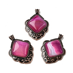 Полосатый Агат Подвески в форме ромба из натурального ярко-розового полосатого агата (окрашенного и подвергнутого термической обработке)., с винтажной латунной рамкой красного медного оттенка, 40~40.5x29~29.5x7.5 мм, отверстие : 5x3.5 мм