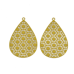 Goldenrod 430 Stainless Steel Filigree Pendants, Spray Painted, Etched Metal Embellishments, Teardrop, Goldenrod, 35x22x0.5mm, Hole: 1.4mm