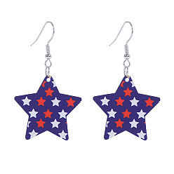 Star Independence Day Printed Wooden Dangle Earrings for Women, Dark Blue, Star Pattern, 50x30mm