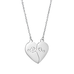 Bird Stainless Steel Heart Pendant Necklaces, Valentine's Day Necklace Gift for Men Women, Bird Pattern, 17-3/4 inch(45cm)