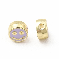 Lilac Rack Plating Alloy Enamel Beads, Cadmium Free & Nickel Free & Lead Free, Flat Round with Smiling Face Pattern, Light Gold, Lilac, 7.5x4mm, Hole: 2mm
