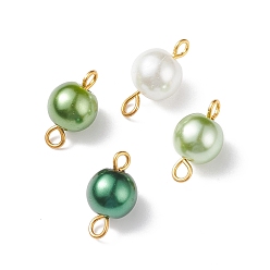 Lime Glass Imitation Pearl Connector Charms, with Golden Plated Double Iron Loops, Round, Lime, 14x7.5mm, Hole: 1.8mm and 2.5mm