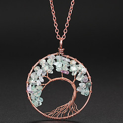 Fluorite Natural Fluorite Chip Tree of Life Pendant Necklaces, Alloy Cable Chain Necklace for Women, 20-7/8 inch(53cm)