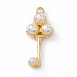 Light Gold Alloy Pendants, with ABS Imitation Pearl Beads, Key Charm, Light Gold, 28x12x6.5mm, Hole: 1.8mm