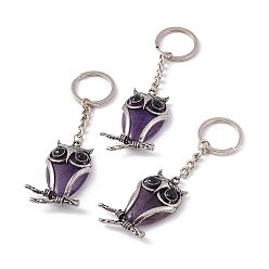 Amethyst Owl Natural Amethyst Pendant Keychain, with Alloy & Iron Findings, 10cm