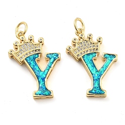 Letter Y Латунные микропаве прозрачные подвески с фианитом, с синтетическим опалом, реальный 18 k позолоченный, с целью перехода в кольце, Письмо Y, 26.5~33x14~23.5x3.5~4.5 мм, отверстие : 4.5 мм