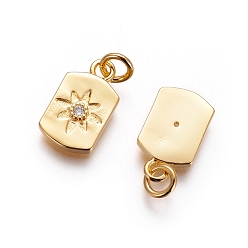 Golden Brass Charms, with Cubic Zirconia and Jump Rings, Rectangle with Flower, Clear, Golden, 13x8x2mm, Hole: 3mm