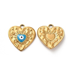 Turquoise Ion Plating(IP) 304 Stainless Steel Pendants, with Evil Eye Enamel, Real 18K Gold Plated, Heart with Star Charm, Turquoise, 17.5x17x2.5mm, Hole: 2mm