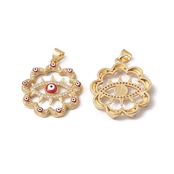 Indian Red Rack Plating Brass Enamel Pendants, with Cubic Zirconia, Flower with Evil Eye, Real 18K Gold Plated, Long-Lasting Plated, Indian Red, 26.5x24x4mm, Hole: 4x3.5mm