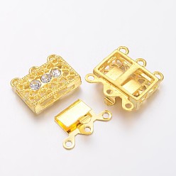 Golden Brass Filigree Box Clasps, with Rhinestone, Rectangle, Golden, 17x18x7mm, Hole: 1.5mm