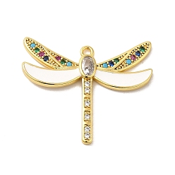 Snow Rack Plating Brass Cubic Zirconia Pendants, with Enamel, Long-Lasting Plated, Lead Free & Cadmium Free, Real 18K Gold Plated, Dragonfly, Snow, 25.5x30x3mm, Hole: 1.6mm