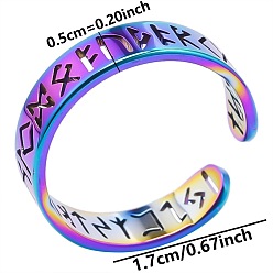 Rainbow Color 304 Stainless Steel Open Cuff Ring, Elder Futhark Alphabet Lettering Ring, Rainbow Color, Inner Diameter: 17mm
