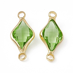 Olivine Transparent K9 Glass Connector Charms, with Light Gold Plated Brass Findings, Faceted, Rhombus Links, Olivine, 22x10x4.5mm, Hole: 2mm