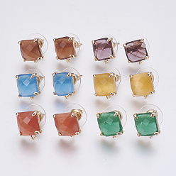 Mixed Color Faceted Glass Stud Earring Findings, with Loop, Light Gold Plated Brass Findings, Square, Mixed Color, 11x10x5mm, Hole: 1mm, Pin: 0.8mm