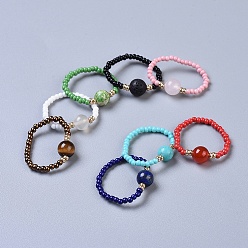 Mixed Stone Natural & Synthetic Mixed Stone Stretch Rings, with Glass Seed Beads, Size 8, 18mm