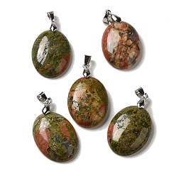 Унакит Природные подвески Unakite, овальные подвески со стойкой, латунные кнопки с платиновым покрытием, защелки на дужках, 30x21.5~22x6~6.5 мм, отверстие : 6x4 мм