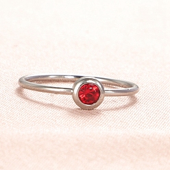 Red Glass Birthstone Style Diamond Finger Ring, Stainless Steel Ring, Red, Inner Diameter: 16.8mm