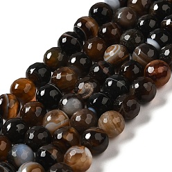 Coffee Natural Striped Agate/Banded Agate Beads Strands, Dyed & Heated, Faceted Round, Coffee, 12mm, Hole: 1.2mm, about 32pcs/strand, 15''(38.1cm)