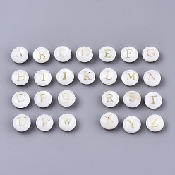 Letter A~Z Natural Freshwater Shell Beads, with Golden Plated Brass Etched Metal Embellishments, Horizontal Hole, Flat Round with Letter, Alphabet, Seashell Color, Letter A~Z, 8x3~5mm, Hole: 0.5~0.7mm, about 26pcs/set