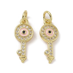 Pink Real 18K Gold Plated Brass Micro Pave Cubic Zirconia Pendants, with Enamel and Jump Ring, Key Charms, Pink, 17.5x7x2mm, Hole: 3.4mm