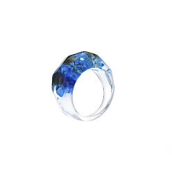 Medium Blue Transparent Resin Finger Ring, Pressed Flower Jewelry for Women, Medium Blue, US Size 6 1/2(16.9mm)