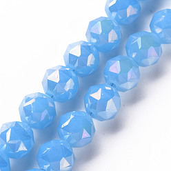 Deep Sky Blue Electroplate Glass Beads Strands, AB Color Plated, Imitation Jade Glass, Faceted, Round, Deep Sky Blue, 10x9.5mm, Hole: 1.2mm, about 60pcs/strand, 21.65 inch~22.05 inch(55cm~56cm)