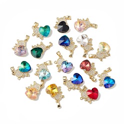 Mixed Color Real 18K Gold Plated Rack Plating Brass Micro Pave Clear Cubic Zirconia Pendants, with Glass, Long-Lasting Plated, Cadmium Free & Lead Free, Girl with Heart Charm, Mixed Color, 20.8x17x8mm, Hole: 6x3mm