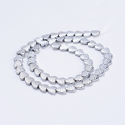 Platinum Plated Electroplate Non-magnetic Synthetic Hematite Beads Strands, Frosted, Heart, Platinum Plated, 8x7.5~8x2mm, Hole: 1mm, about 55pcs/strand, 15.9 inch(40.5cm)