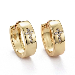 Real 18K Gold Plated Brass Micro Pave Clear Cubic Zirconia Huggie Hoop Earrings, Long-Lasting Plated, Ring with Cross, Real 18K Gold Plated, 15x16x5mm, Pin: 0.8mm
