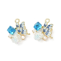 Темно-Голубой Подвески из эмали и сплава, Бабочка с цветком, с абс пластмассовой имитационной жемчужиной, золотой свет, без кадмия, без никеля и без свинца, стойки покрытие, глубокое синее небо, 23x22x9 мм, отверстие : 2.5 мм