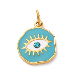 Светло-Голубой 304 нержавеющей стальной эмали подвески, с соединительным кольцом и стразами, ионное покрытие (ip), плоский круглый с шармом в виде глаз, реальный 14 k позолоченный, Небесно-голубой, 19.5x16x3 мм, отверстие : 3.7x5 мм