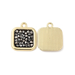 Black Diamond Rhinestone Pendants, with Light Gold Plated Brass Findings, Square, Cadmium Free & Lead Free, Black Diamond, 17x15x3mm, Hole: 1.8mm