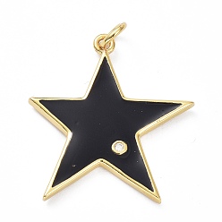 Black Brass Micro Pave Cubic Zirconia Pendants, Real 18K Gold Plated, Long-Lasting Plated, with Enamel, Star, Black, 24x23x2mm, Hole: 3.4mm