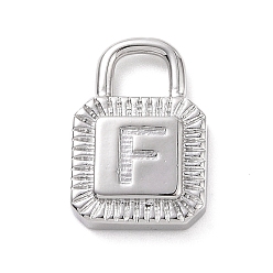 Letter F Eco-friendly Rack Plating Brass Pendants, Cadmium Free & Lead Free, Long-Lasting Plated, Lock with Alphabet, Platinum, Letter.F, 15x10x3mm, Hole: 3.5x4mm