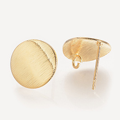 Real 18K Gold Plated Brass Ear Stud Findings, with Loop, Flat Round, Nickel Free, Real 18K Gold Plated, 15mm, Hole: 2mm