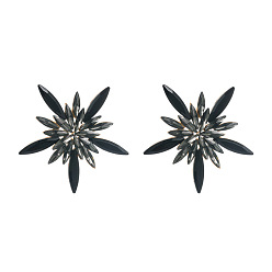 black Sparkling Floral Alloy Earrings with Colorful Gems - Fashionable and Bold Ear Accessories for Street Style Chic