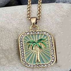 Средний Морско-зеленый Летняя пляжная латунь pvace, прозрачная цепочка с кубическим цирконием, цепочка Роло, прямоугольная подвеска в виде пальмы, ожерелья с эмалью для женщин, золотые, средний морской зеленый, 16.14~19.69 дюйм (41~50 см)