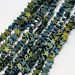 Green Plated Electroplate Non-magnetic Synthetic Hematite Beads Strands, Star, Grade A, Green Plated, 4x4x2mm, Hole: 1mm, about 117pcs/strand, 16 inch