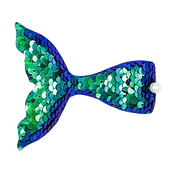 Sea Green Mermaid Tail Shape Plastic Sequin/Paillette Alligator Hair Clip, with Iron Findings, Children Hair Accessories for Girls, Sea Green, 100x90mm