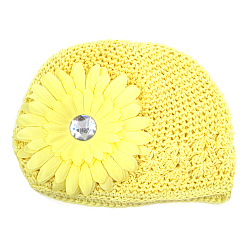 Champagne Yellow Handmade Crochet Baby Beanie Costume Photography Props, with Cloth Flowers, Champagne Yellow, 180mm