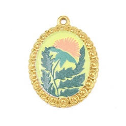 Средний Морско-зеленый Печатные 304 подвески из нержавеющей стали, овал с хризантемы шаблон, вакуумное покрытие pvd, реальный 18 k позолоченный, средний морской зеленый, 30x22x2.5 мм, отверстие : 1.6 мм