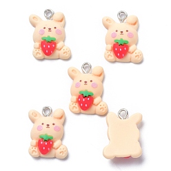 Bisque Resin Pendants, with Iron Loop, Rabbit with Strawberry, Bisque, 21x18x7mm, Hole: 2mm