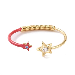 Red Enamel Star with Evil Eye Open Cuff Bangle with Clear Cubic Zirconia, Real 18K Gold Plated Brass Jewelry for Women, Red, Inner Diameter: 2-5/8 inch(6.6cm)