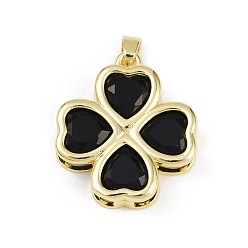 Черный Латунь стекло кулоны, клевер, без свинца и без кадмия, долговечный, стойки покрытие, реальный 18 k позолоченный, граненые, чёрные, 24x21.5x5.5 мм, отверстие : 5x2.5 мм